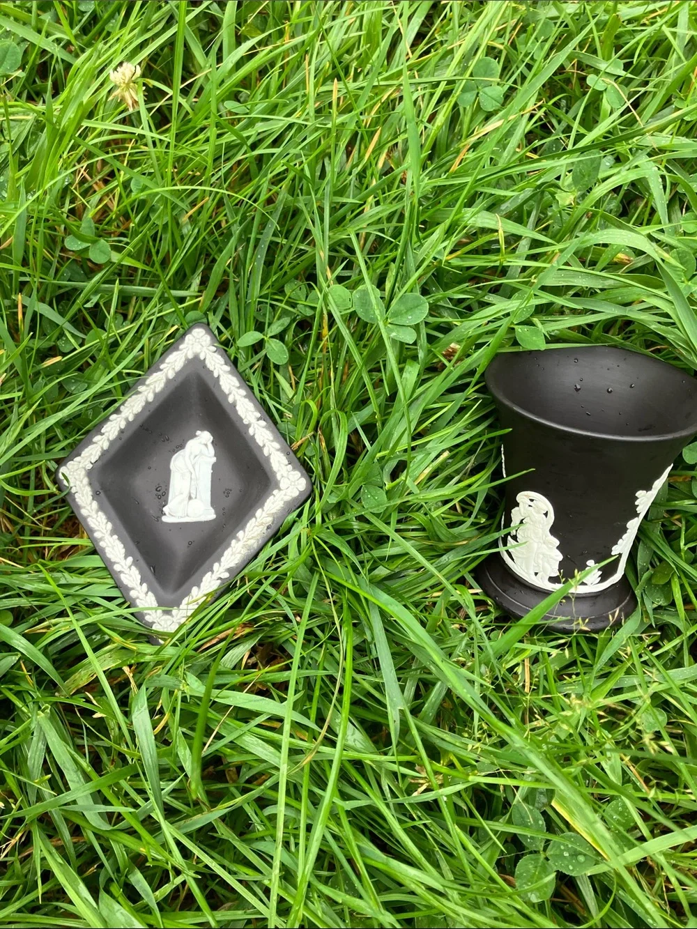Vintage (60’s) Wedgwood Black and White Jasperware Vase and Square Dish Set